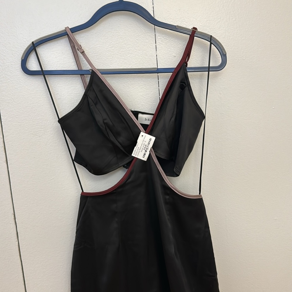 Satin cut out midi dress with deep and light purple accents. NWT
